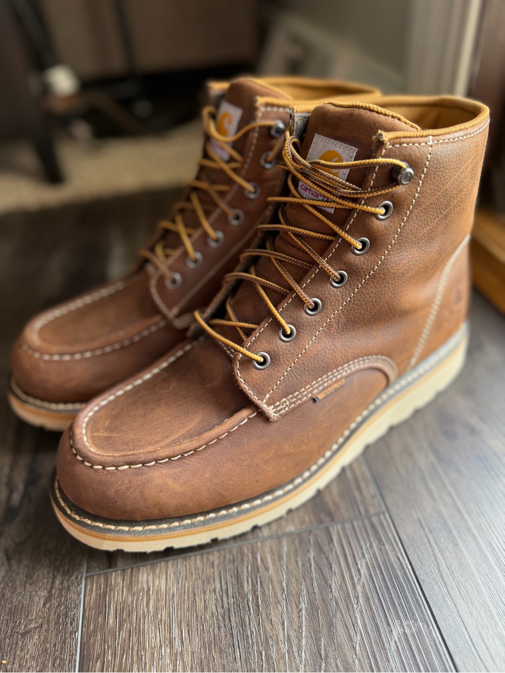 Carhartt Brown Leather Moc Toe Waterproof Work Boots - Tan Outsole